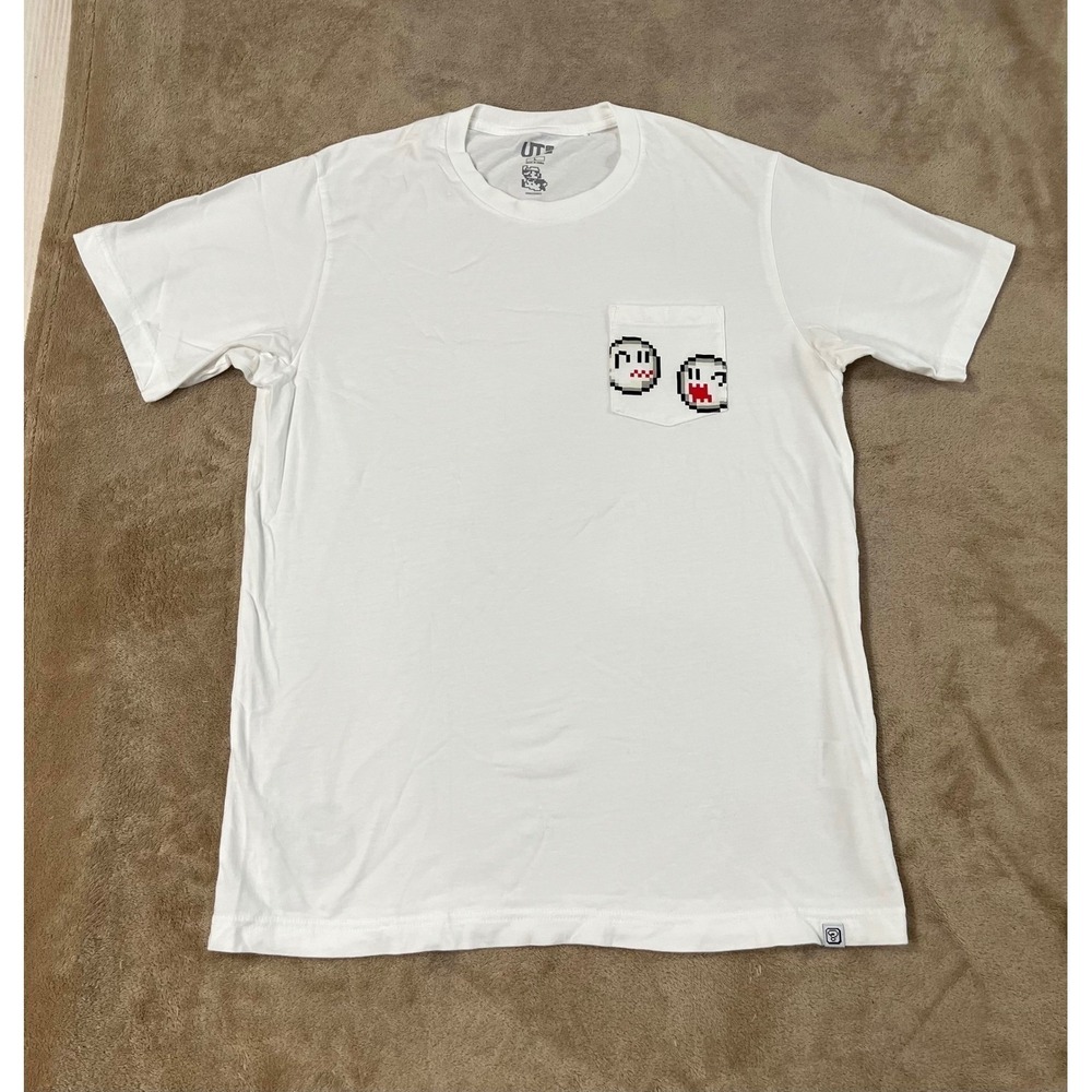 Uniqlo Mario Boo Graphic Pocket Tee Large White Short Sleeve EUC